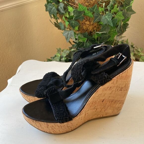 BP. Black Braided Leather T-Strap Platform Cork Wedge Sandals Size 8M - Picture 2 of 16